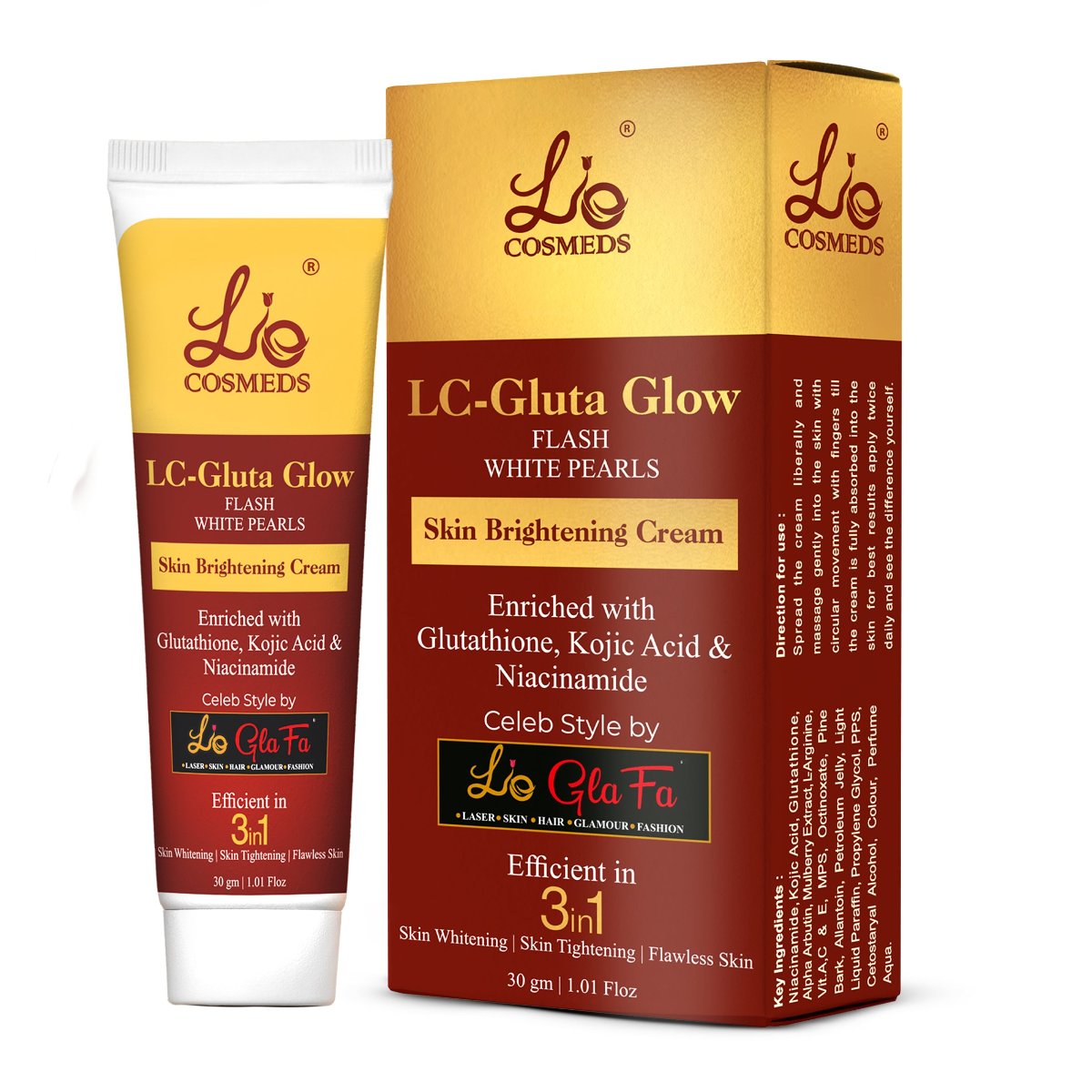 LC Gluta Glow Flash White Pearls Cream for Skin Whitening, Skin Tightening, Flawless Skin, D-Tan