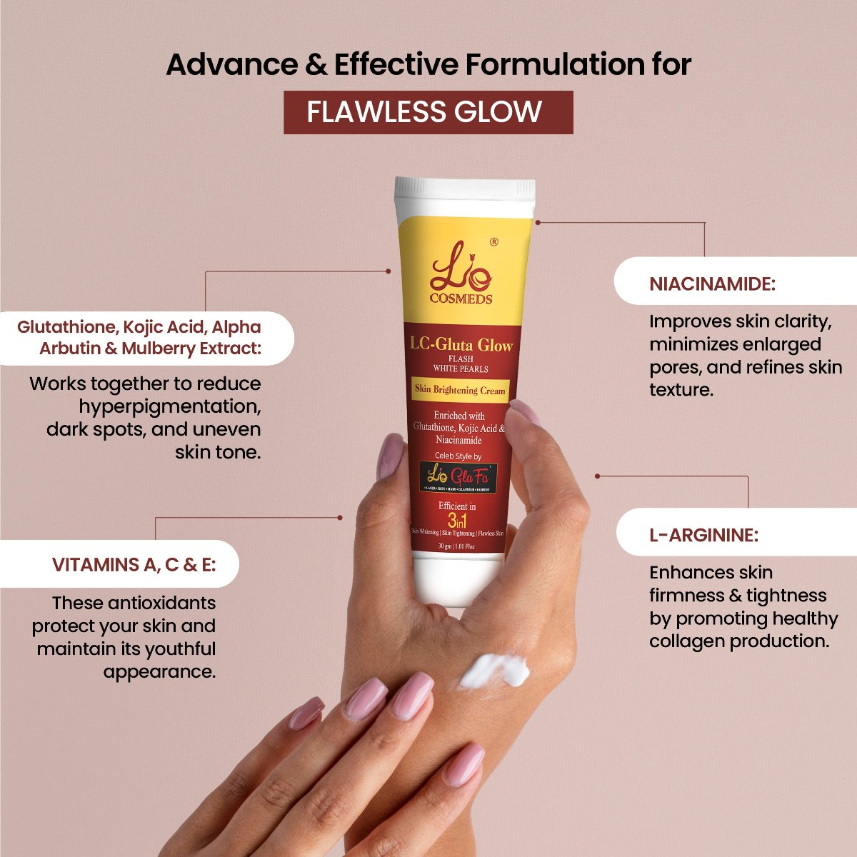 LC Gluta Glow Flash White Pearls Cream for Skin Whitening, Skin Tightening, Flawless Skin, D-Tan