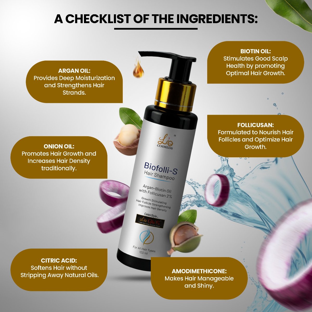 Biofolli-S Anti-Hair Fall Shampoo with Follicusan, Biotin, Argan & Onion Oil